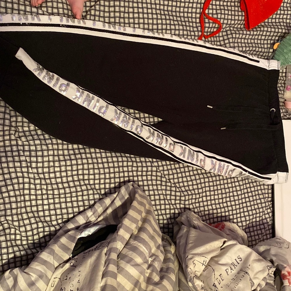 pink joggers, too big, worn never